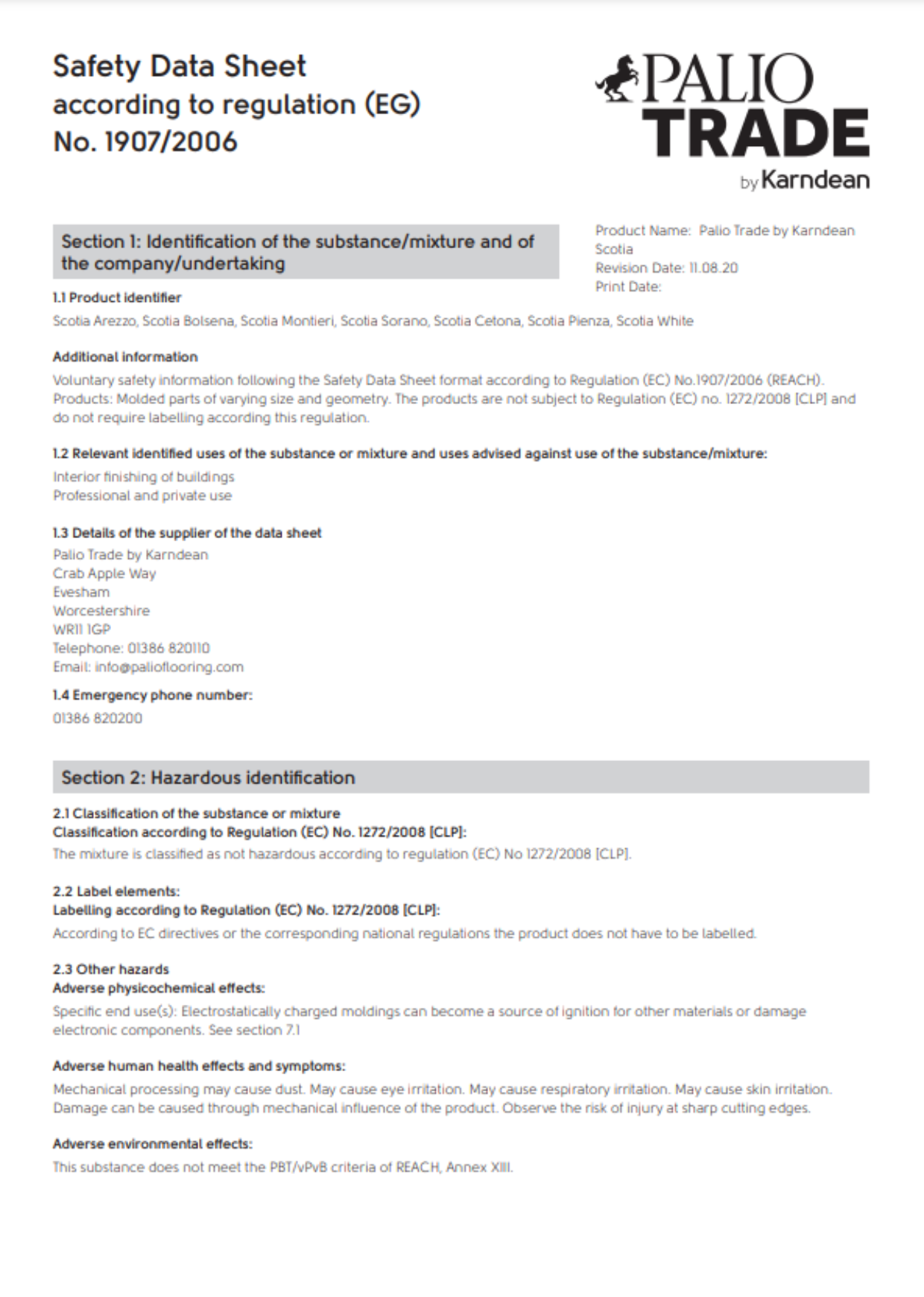 Palio Core Scotia safety data sheet